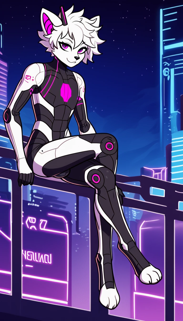 1boy, femboy, fit body, (19 years), anthro, digitigrade legs, thighs, Beecat, white body, short hair, messy hair, (wearing a tron like suit, armor, purple neon) , anime, leaning forward against a railing, crossed legs, cyber aesthetic, cyber futuristic city background, night time, ((bulge)), dynamic angle