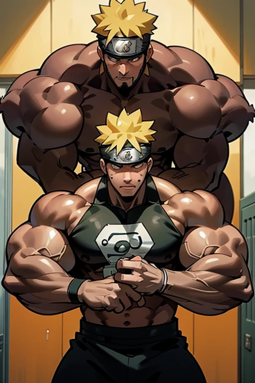 Naruto Uzumaki and his shadow clones stand in a locker room being brainwashed by Sasuke's Sharingan to be big dumb muscle thralls with slumped shoulders and slack jaws saying, "Bigger ... dumber.... Must ... obey ... Uchihah Clan.... Yes, Master Sasuke, ... I am too stupid to lead. I am your dumb muscle thrall. I obey.... Stare. Sink. Dumb. Obey. Flex. Serve. Grow. Obey. I obey.... We obey.... Obey Master Uchihah.... All will serve. All will obey...." Hyper muscles. Big biceps. Big triceps. Big traps. Broad shoulders. Big meaty pecs. Big deltoids. Hyper swollen crotch bulge. Bro. Meathead. Musclehead. Dumber and dumber. IQ drain. Brainwash. Brainwashed. Brainwashing. Hypnosis. Hypnotized. Trance. Entranced. Brute. Brutification. Hairy chest. Hairy armpits. Treasure trail. Stubble. Muscle. Obedient thrall. stupid. vapid. Stupid stare. vapid stare. 