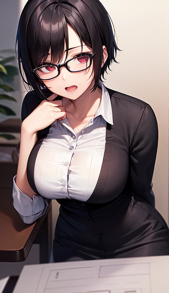 masterpiece, best quality, high definition images, atmospheric perspective, expressive eyes, perfect face, ultra detailed, solo, 1mature seductive woman alluring, female teacher, black short bob hair, simple glasses, business suit, blouse, cleavage, pencil skirt, tight mini skirt, spread legs, panties, curvy, thighs, pantyhose, high heals, calm smile, open mouth, from below, in study room,