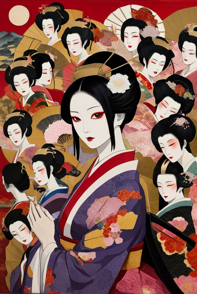 collage painting, many geishas, dramatic, sexy, romanticism, neo-classical, experimentalism 