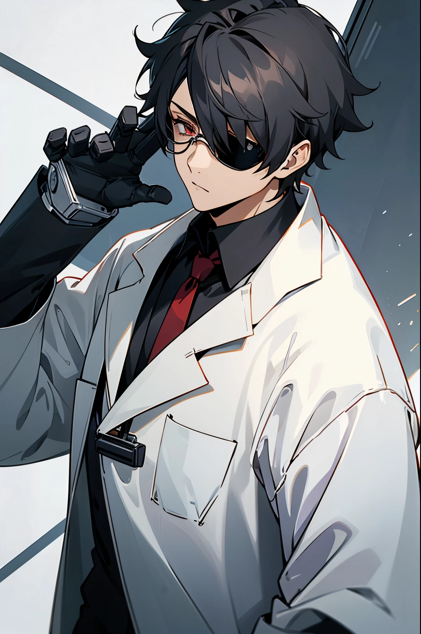 male, black hair, labcoat, glasses, Scientist background, robo eyepatch