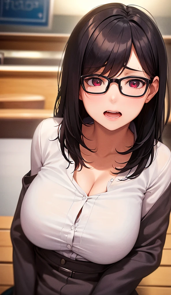 (8k、Photorealistic,Raw photo,highest quality: 1.3),（real skin）,Beautiful expression,High Detail,超A high resolution,(1giri,long hair,red eyes:1.2,empty eyes:1.2,glasses),1 boy,pov,((the boy, penis, breasts blowjob, paizuri, penis is between breasts, penis in breasts, breast squeeze,cum breast, open mouth,tongue out:1.2,cum to mouth:1.2,cum facial:1.2,massive cum:1.0,bukkake:1.2)),(black jacket,nipples,bottomless),forest,detiled penis,expressionless:1.2,closed eyes:1.2,close up face
