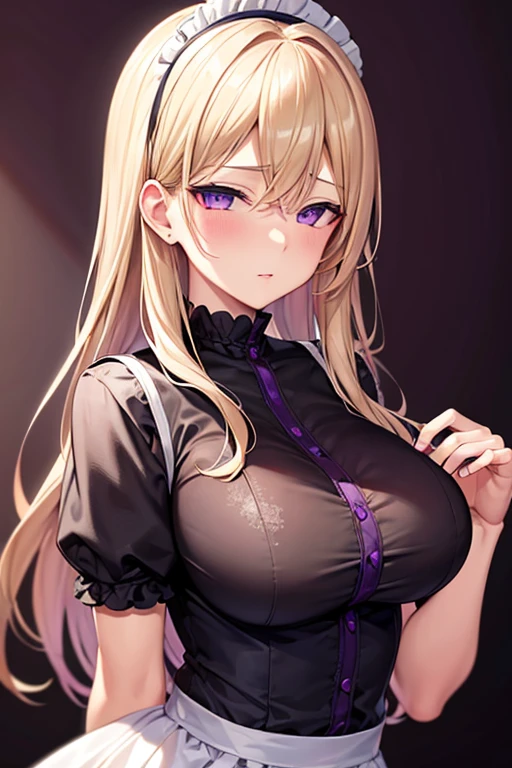 Waifu milf, blonde hair with violet eyes, high resolution, con un vestido de maid