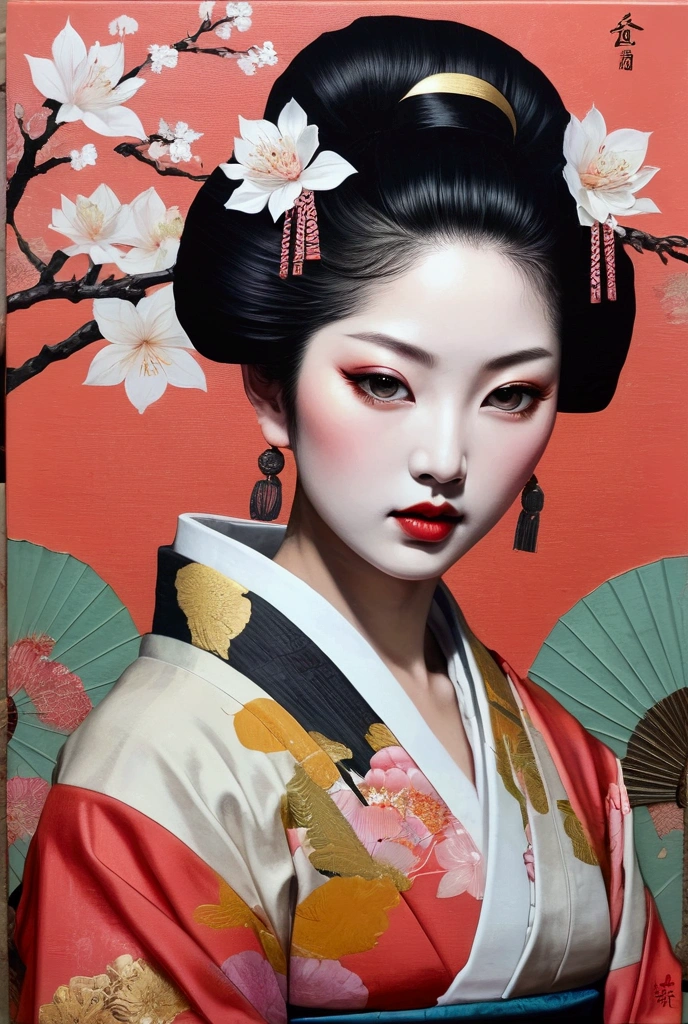 collage painting, many geishas, dramatic, sexy, romanticism, neo-classical, experimentalism 