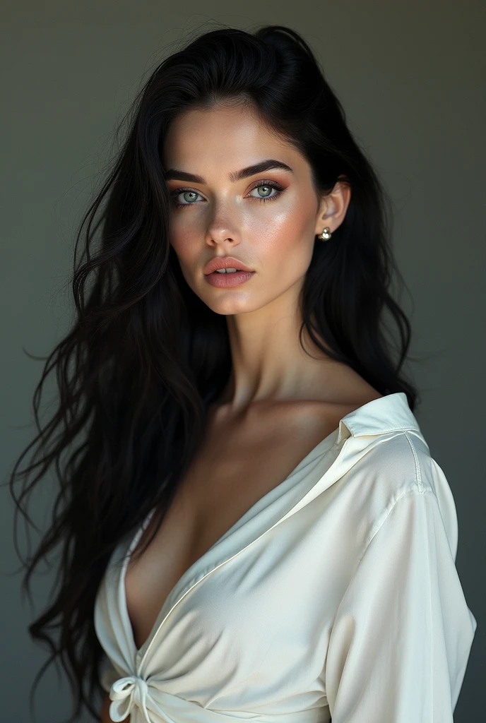 A beautiful European woman's face, with turquoise blue eyes, very white pink skin, long black wavy hair, fair white skin and very full red lips making an orgasmic face with sad eyebrows and an open mouth showing beautiful full breasts wearing a wet white shirt with a pantyhose showing her vagina with a motel room background.