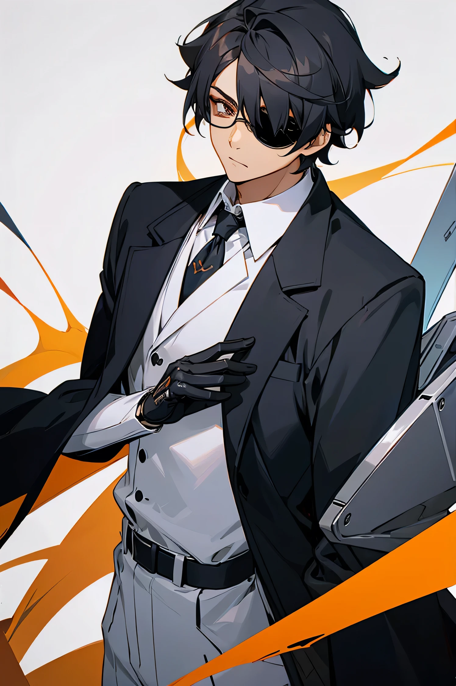 male, black hair, labcoat, glasses, Scientist background, robo eyepatch