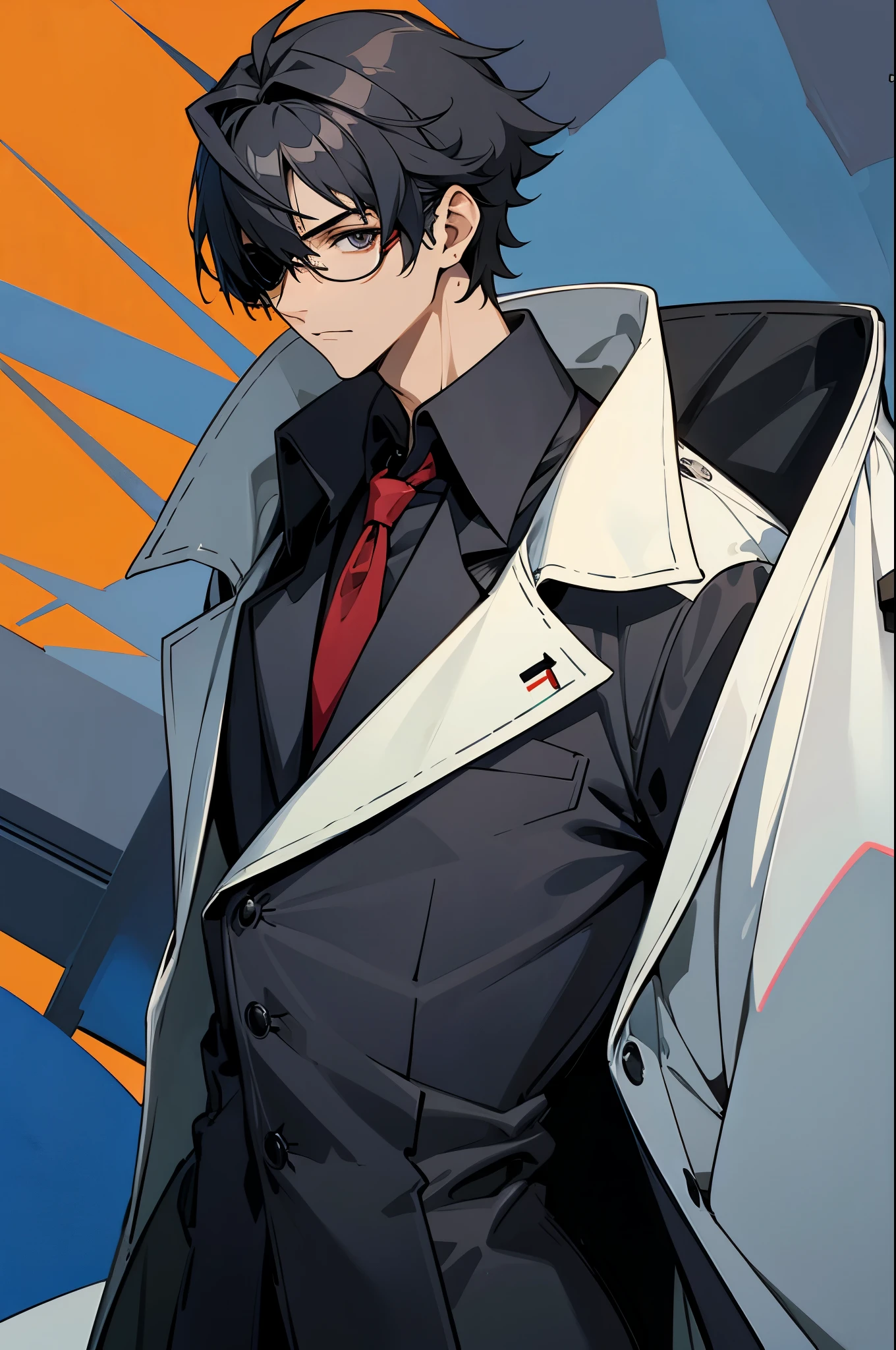 male, black hair, labcoat, glasses, Scientist background, robo eyepatch