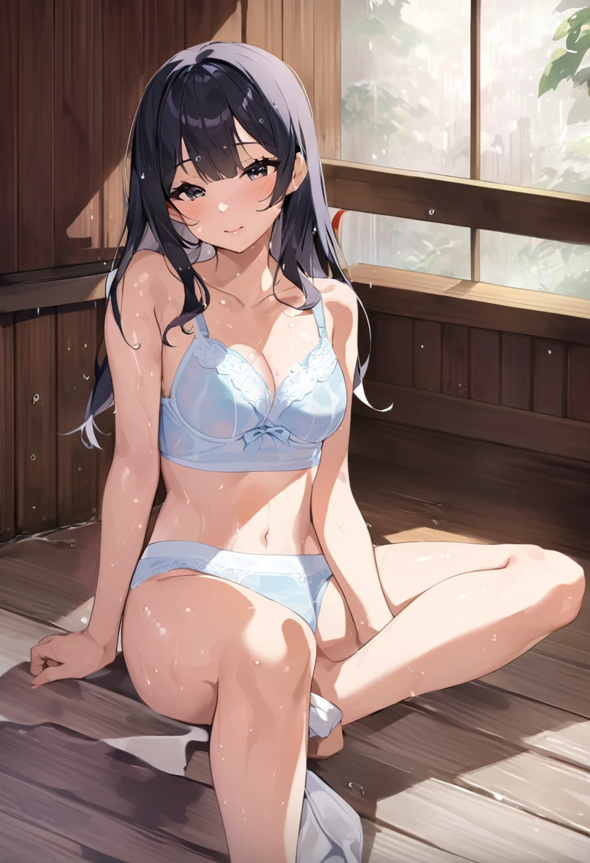 NSFW、with the best image quality、teenage girl standing in the room。in high resolution、beautiful details、quiet atmosphere。black hair ponytail、cute smile.。small breasts、Cute floral blue bra、Wearing cute floral blue panties。