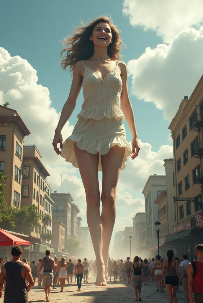 Masterpiece, best quality), 8k wallpaper, highly detailed, poster, vintage poster, 1980s, giant sexy housewife towering over a small skyscraper city, cinematic movie poster, perfect face, people tiny running, giant woman, tiny skyscrapers, lines, abstract movie poster, skirt, spanish woman, nsfw, pulp magazine cover, vintage, barefoot