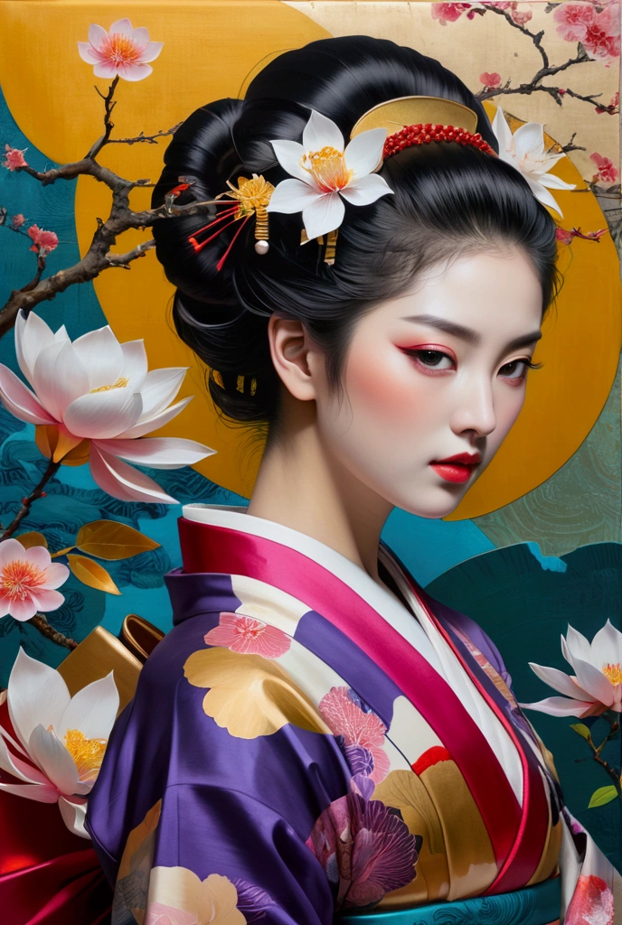 collage painting, many geishas, dramatic, sexy, romanticism, neo-classical, experimentalism 