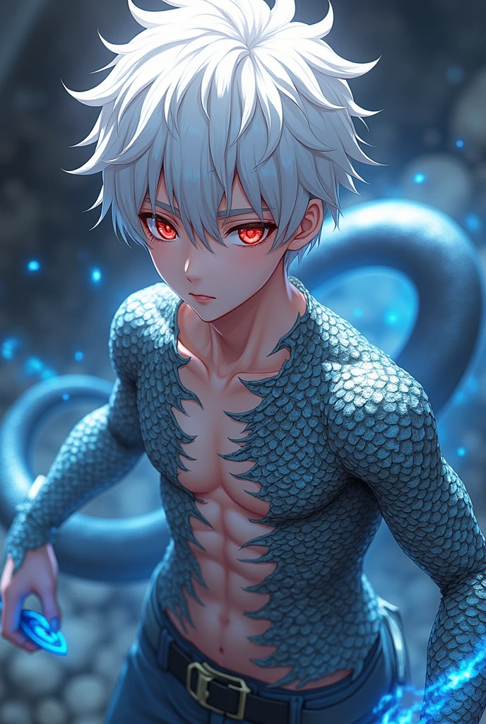 Young man,teenager, ebony skin, bright white eyes, cracked body, magic cracks,  Smoke atmosphere, night, golden tattoo of a dragon on his chest, bare-chested. Powerful, muscular aura, anime style, Silver hair. 