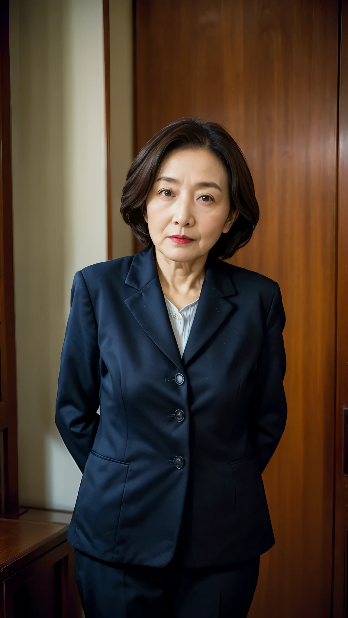 masterpiece, ((Depth of written boundary)), 32K, Beautiful finish, Big Breasts, Beautiful mature woman, 80 years old, Photo of your ID, spouse, View from the front, Long face, A disdainful look, Cool look, Red lips, Thin lips, A dress that fits perfectly, suit, Remove Background, Light from the front,