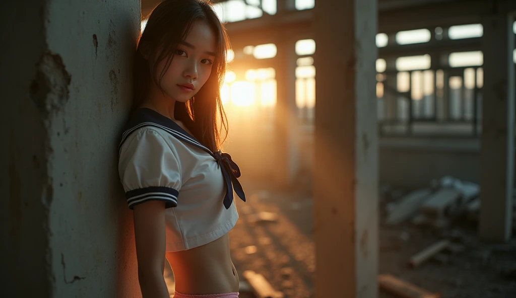 Browsing Caution:-2, Realistic, Front view, photorealistic realism, portrait of japanese woman, idol carving, World-class idol, Cute Japanese woman'Face:1.21, Beautiful Japanese Women'Face:1.21, Above the knee shot.:1.21), (Realistic photos:1.4), (masterpiece, Highest quality:1.2), RAW Photos, 32K High Resolution, Intricate details,Very detailed, Standing woman, (Please show me your armpits.:1.21), (Flat Chest:1.21), Gazing at the audience, View from below, Tight waist, Cute Face, Light brown hair, (Straight Long Hair:1.21), School uniforms, Sailor suit:1.21, sera fuku:1.21, 有名な東京の都立高校のSailor suit, The upper body is wearing a uniform:1.21, The lower half of the body is in underwear.:1.21, She is wearing pink string panties., Bust Top Float, Sharp eyebrows:1.37, Pink lipstick:0.95, Detailed face, fine grain, Pale skin:1.21, Fine skin, Sweaty:1.1, Glowing Skin:1.21, Dark abandoned factory, Leaning against a concrete wall, Under the Rising Sun, Summer Light, Rays of light run through her body:1.37, Floating steam, Emotional, dynamic and cinematic lighting, Browsing Caution:-2,