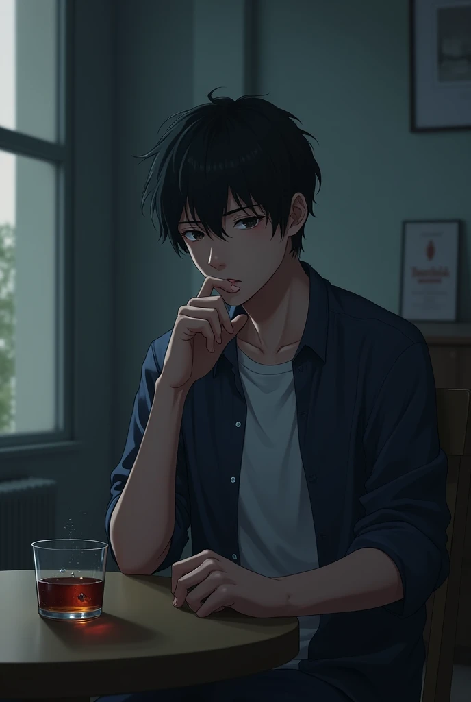 there is a man sitting at a table with a glass of wine, digital anime illustration, in the art style of bowater, beautiful alluring anime man, detailed portrait of anime man, stunning art style, beautiful anime man, detailed digital anime art, beautiful anime portrait, trending on artstration, beautiful anime art style, beautiful digital illustration, anime style illustration