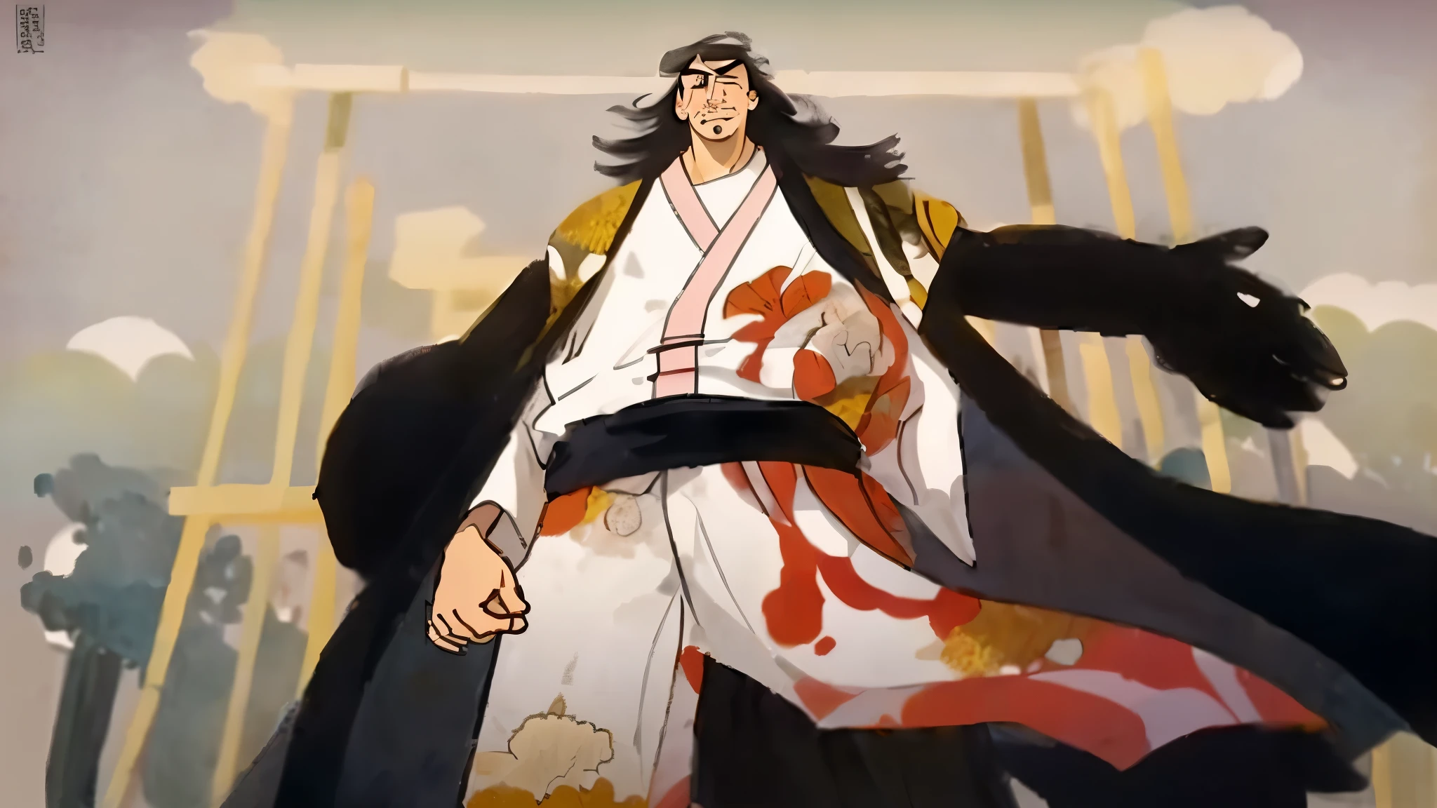 Middle-aged men, Punk drawing style, High resolution, Black Hair, Half the body of a demon.,Half demon face, Chinese Warrior, Light blue three-dimensional flame demon face, bird, Wear a hat, Expressing Anger, Perfect Body Proportions, joke, Black and white robes, A sheath hanging from the waist, good looking, The seven doppelgangers have unobstructed vision, Stand up on your own two feet, (White Background:1.3), Swordsman, He has been, In his hand he held a broad, heavy knife..。。。。。。。。。。。。。。。。。。。。, Lens surface, (Black clothes:0.8), Very detailed, masterpiece, Accurate, Anatomically correct, Textured skin