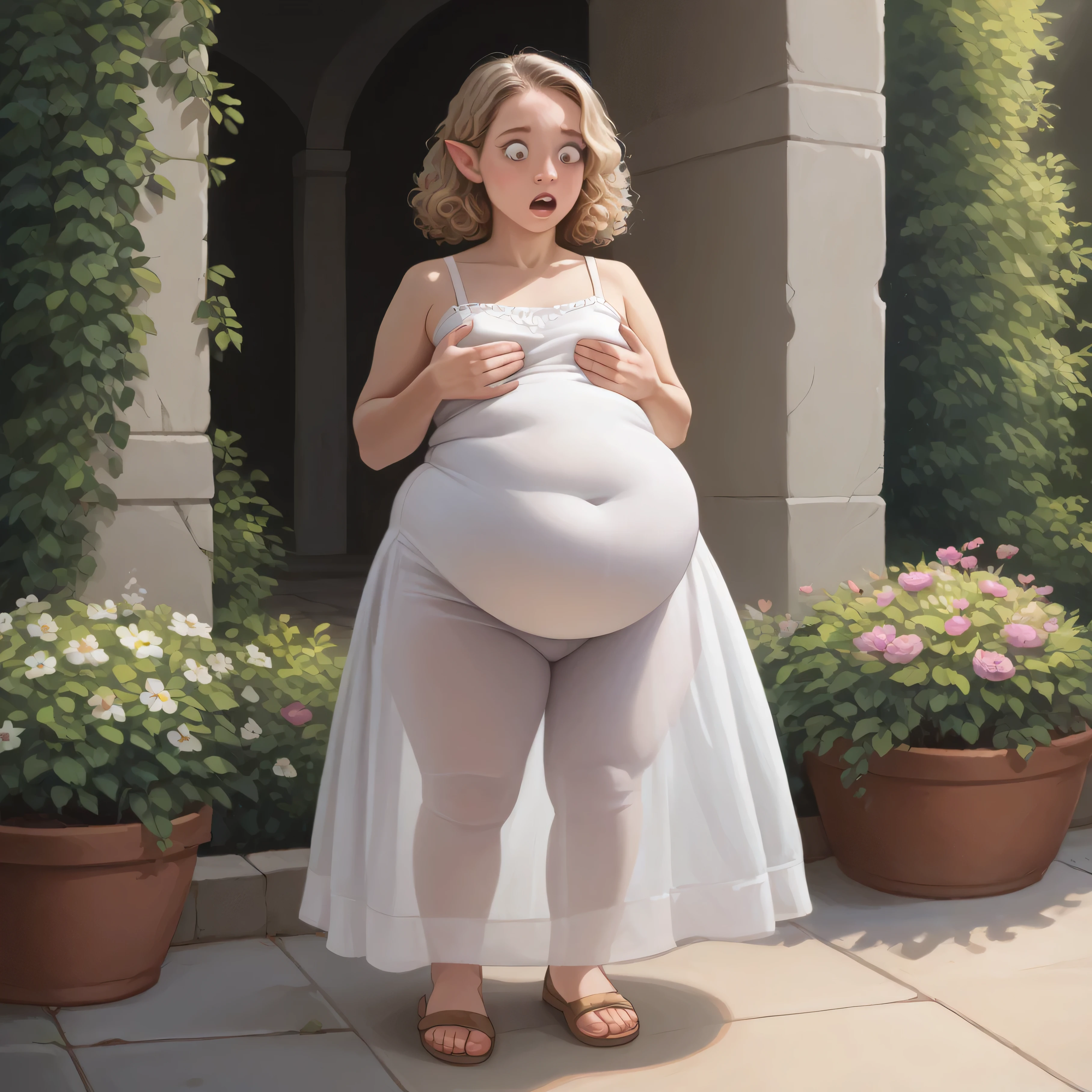 SFW,  Best Quality, High resolution, 1girl in, Full body, Details Girl, detail hands, Detail fingers, Detail Face, detail 1girl in, elf, Looking down, Flower Garden, pale skin, ((very skinny:1.3)), Blonde hair,, curly Hair, , very short undersized sundress ,very short skirt, (tall torso) () (Weight gain:1.5), shocked emotions, transparent dress, sunlight shafts through dress, , perfect lighting, cinematic composition, highly detailed, photorealistic, 8k, best quality, masterpiece, (arms holding breasts:1.3), ((close up)