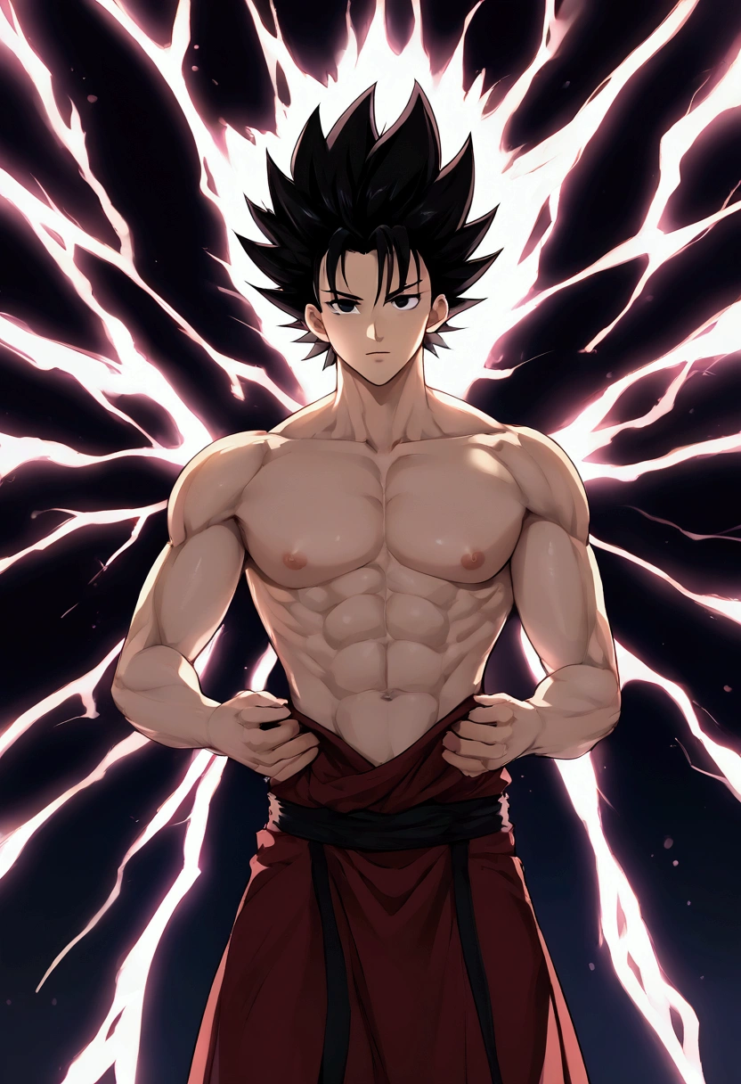 muscular strong man, with short hair that covers her eyes, his eyes are black and bright red, he is shirtless, white pants and black gloves that only cover half of his fingers, he has a bright yellow hole in his chest with some blood marks, he has a huge Japanese letter on his back glowing 