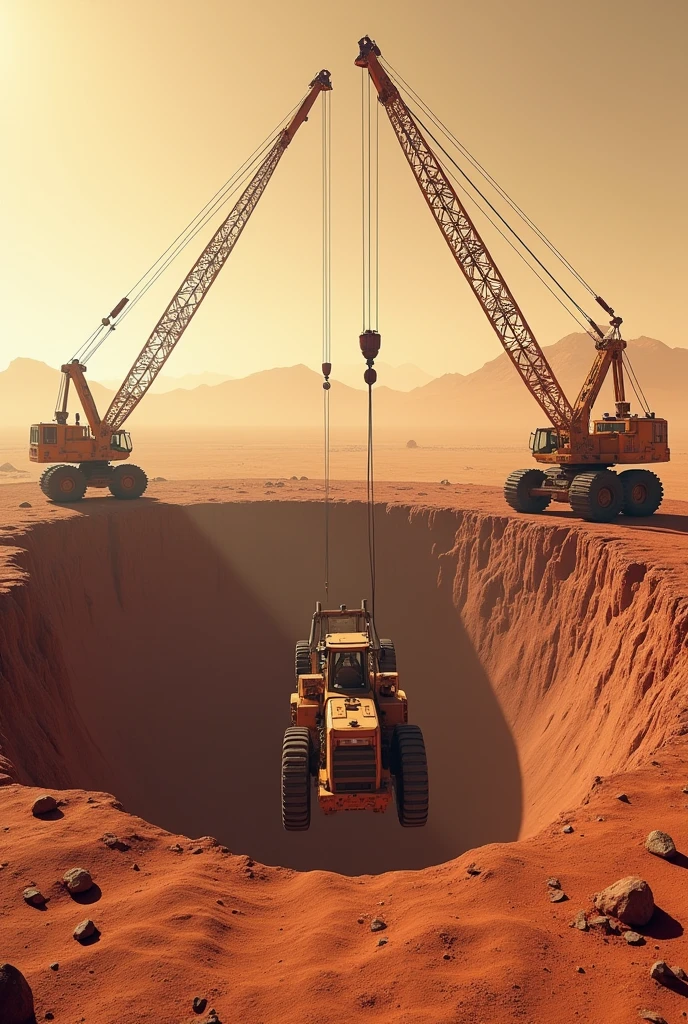 A crane on the left and a tower crane on the right, hoisting a large loader into a round pit at construction site, on the planet mars, in the desert background of Mars.