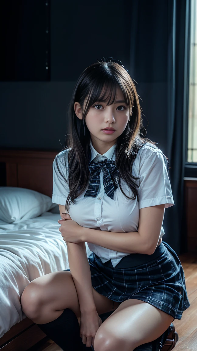 Flying debris, Best Quality, shape, Very detailed, Fine points, High resolution, 8k,wallpaper, Perfect dynamic composition,(Detailed and high quality, Realistic depiction of eyes:1.3), Viewed from the side, ((In the bedroom)),、Schoolgirl uniform、White shirt、Super short checkered uniform skirt、((Black knee-high socks)),Short Hair, (Wavy Hair:1.2), Black Hair,  Sitting, Arms crossed, Huge breasts), Big, natural-looking lips, Bold sexy pose, (Perfect shape), Crying a little、Cold Stare, Harajuku Style、20 year old girl、Cute type, Beautiful legs, Gravure idol pose, Voluptuous thighs、(((Big Breasts))), ((((midnight)))), ((((Dark Room)))),