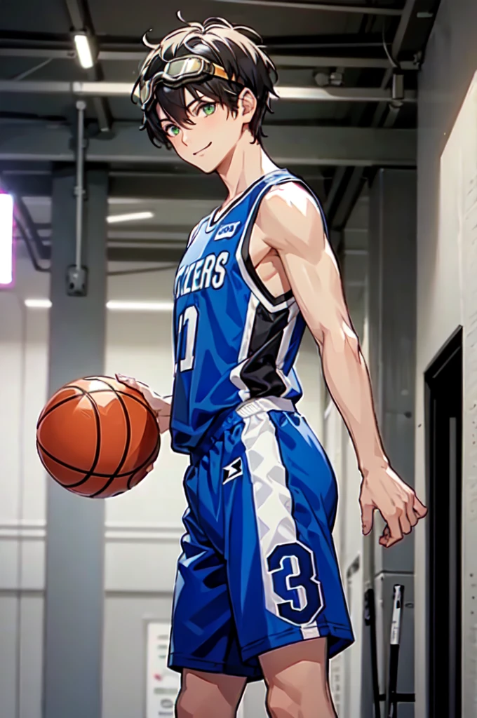 wearing basket_uniform, inside basketball field, back view, side view, basketball, straight-on, dribbling \(basketball\), 1boy, muscular male, blue clothes, number 10, (1boy:1.2),  (straight-on, facing viewer:1.3),, ultra detailed, masterpiece, best quality, aesthetic, detailed,, ultra detailed, masterpiece, best quality, solo, smile, 1boy, green eyes, short hair, black hair, bangs, hair between eyes, messy hair, (goggles on head:1.2),