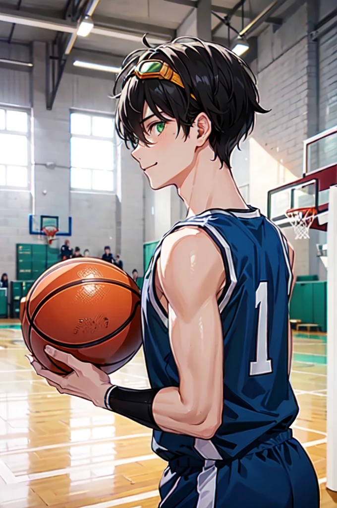 wearing basket_uniform, inside basketball field, back view, side view, basketball, straight-on, dribbling \(basketball\), 1boy, muscular male, blue clothes, number 10, (1boy:1.2),  (straight-on, facing viewer:1.3),, ultra detailed, masterpiece, best quality, aesthetic, detailed,, ultra detailed, masterpiece, best quality, solo, smile, 1boy, green eyes, short hair, black hair, bangs, hair between eyes, messy hair, (goggles on head:1.2),