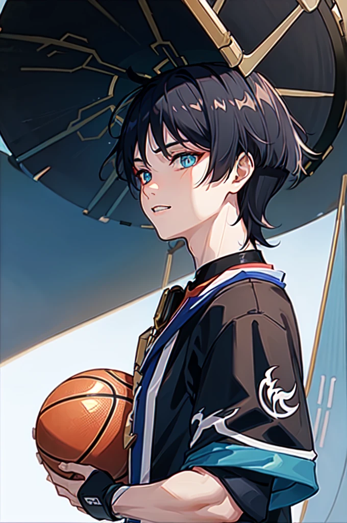 wearing basket_uniform, inside basketball field, back view, side view, basketball, straight-on, dribbling \(basketball\), 1boy, muscular male, blue clothes, number 10, (1boy:1.2),  (straight-on, facing viewer:1.3),, ultra detailed, masterpiece, best quality, aesthetic, detailed,, ultra detailed, masterpiece, best quality, solo, smile, 1boy, green eyes, short hair, black hair, bangs, hair between eyes, messy hair, (goggles on head:1.2),