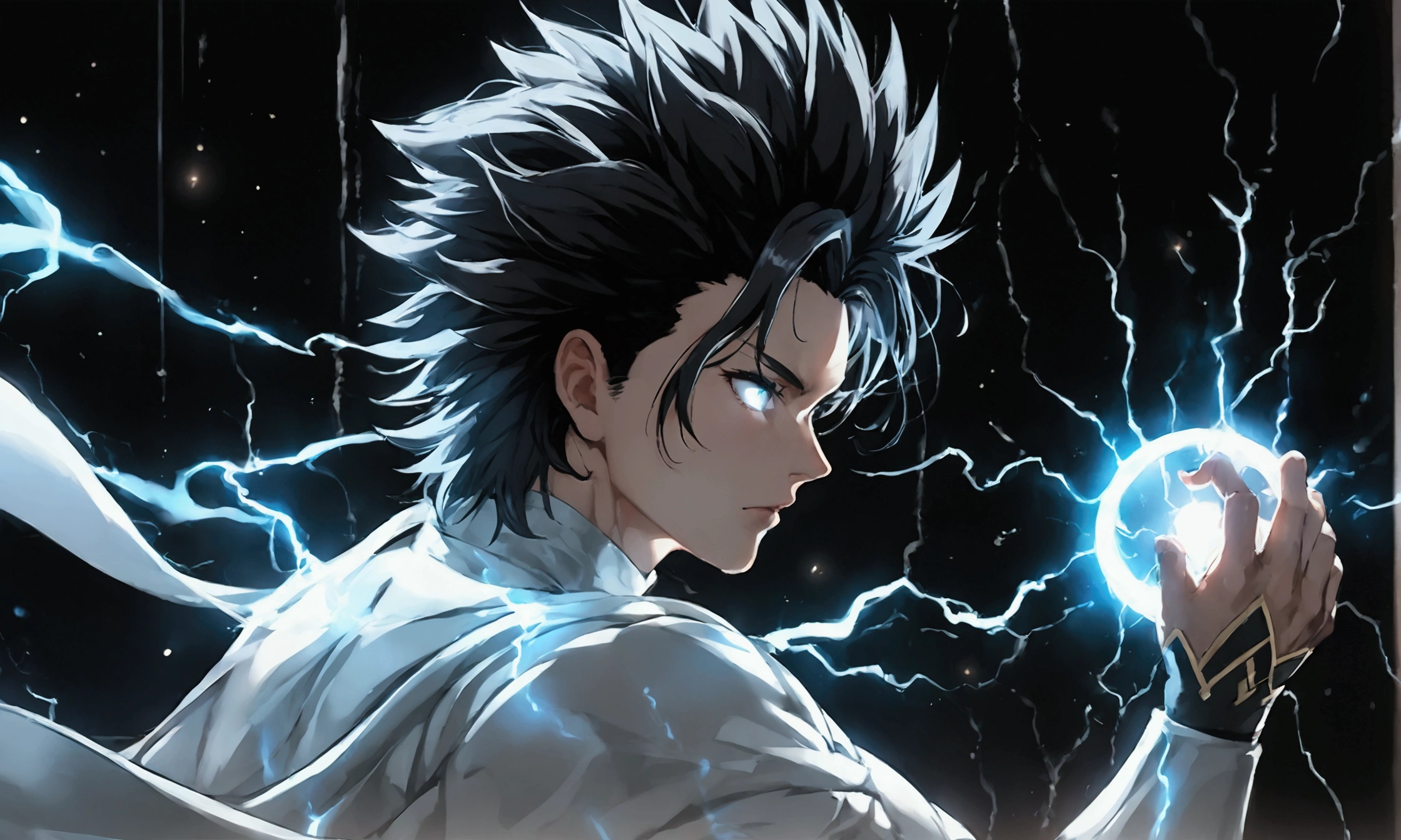 eeing of the right, adult male, a character up to the waist, holding a black dark sphere of energy with white lightning parts like a lightning bolt illuminating around the sphere and in the middle of it, as if it were destroying the sphere and dodging, but it was just the aesthetics of power, white lightning after the character body, in a black background scenario, he holds it with his right hand and he was looking at it in admiration of his power, observing with superiority, hair like Vegeta's with going up, spread upwards, sideways and downwards in the side and top, his hair is very high and voluminous on top and like Sasuke's with bangs falling from the top to the chin area, has very wide bangs down and on the sides, hair is very spike, black eyes, black hair, stylish hair, black Demon Slayer uniforme being tight and closed in the beginning of the neck like Demon Slayer uniforme, very stylish, cool, going up to his wrists, transforming into a monster with skin of a dark brownish tone, a black x on the nose going to the division of the eyebrows and crossing the sides of the nose, spiked, immense and brownish nails, purple energy emerging behind its body and emerging from the ground, wind rising behind its body, ultra professional anime art, cinematic lighting, god rays, drop shadow, ray tracing, glowing light, sparkle, anime, anime style, best quality, high quality, high details, super detail, textured skin, highres, 1080P, anatomically correct, accurate, masterpiece, retina, UHD