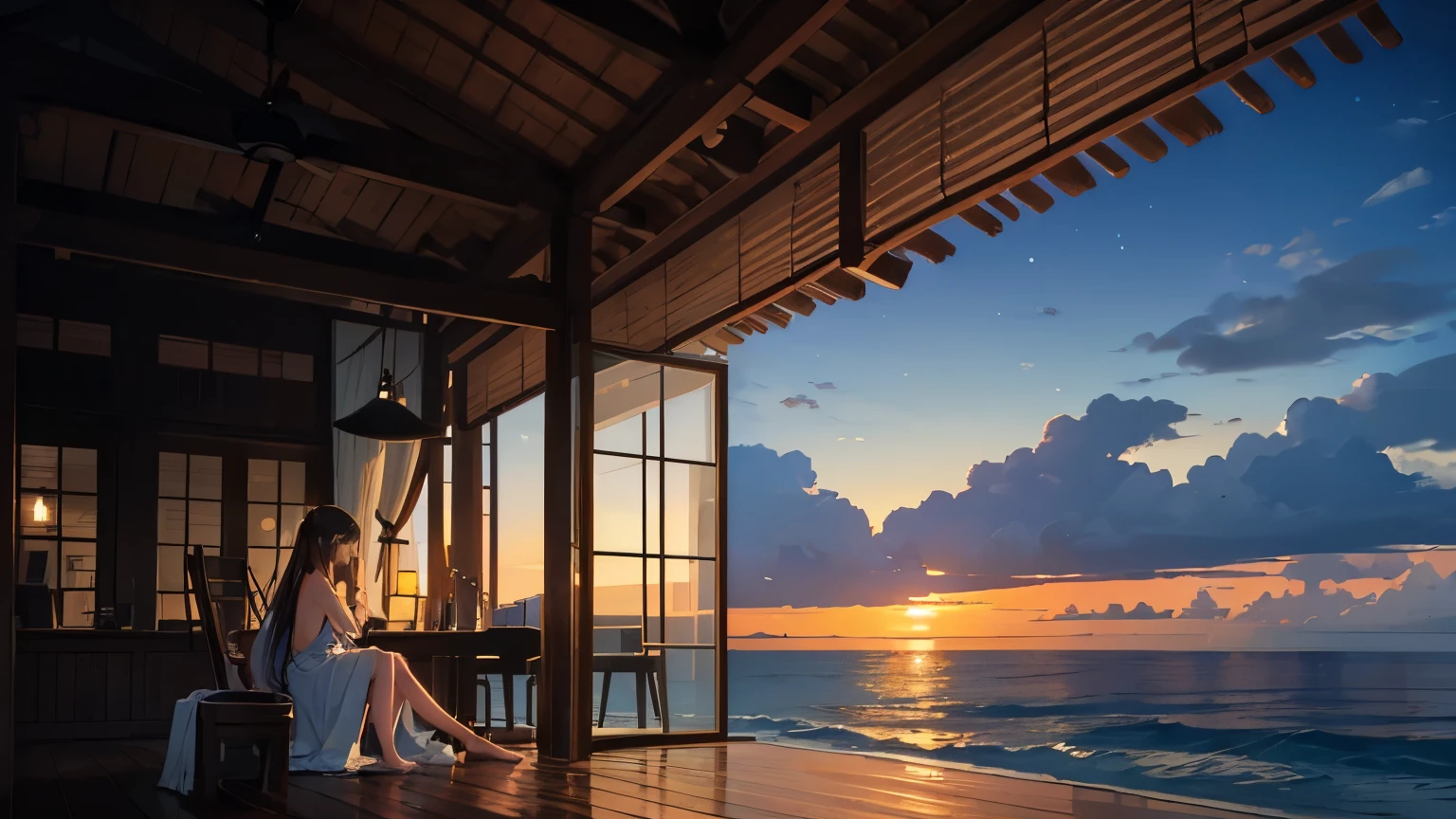 Create a serene and calming scene of a girl playing a grand piano on a beach. The piano is positioned on the sandy shore, with the gentle waves of the ocean in the background. Nearby, there is a cozy beach house with large windows and a welcoming porch, nestled among palm trees. The girl, dressed in a flowing, light-colored dress, is deeply immersed in her music, her hair softly tousled by the sea breeze. The overall atmosphere is tranquil and relaxed, evoking a sense of peace and harmony between music, nature, and home. Reface the girl, make her more pretty, Camera Angle from her back.