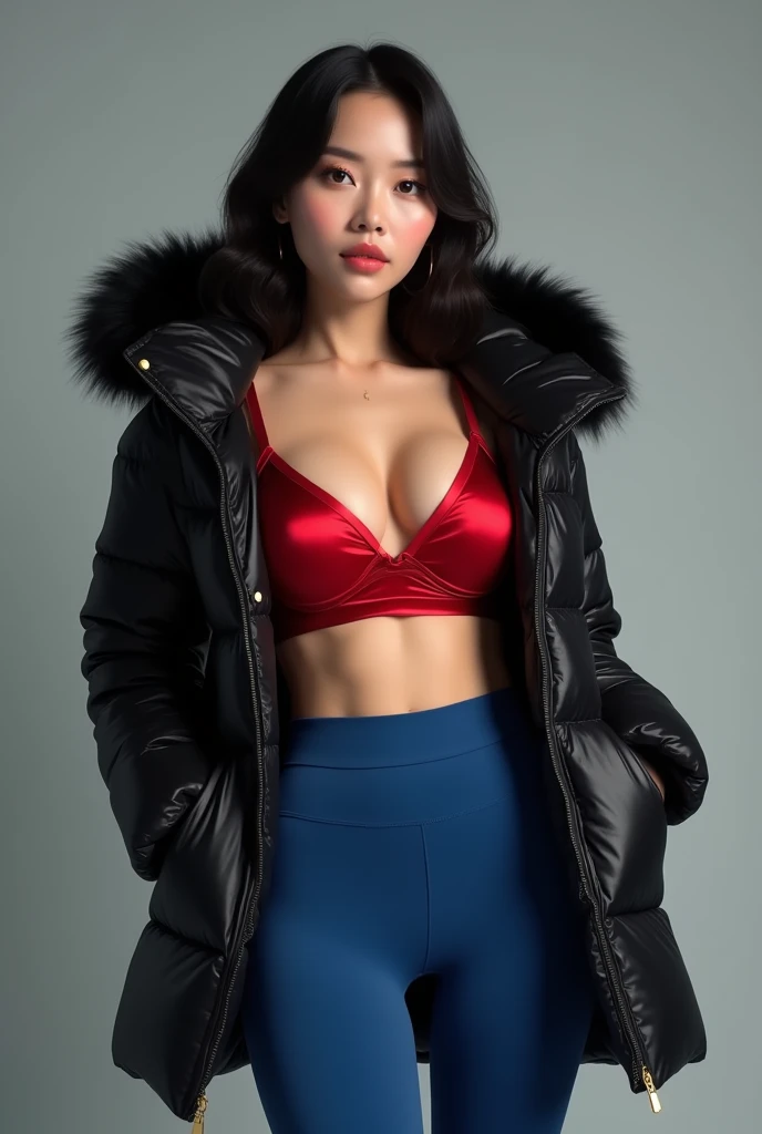 ((best quality)), ((masterpiece)), (detailed), perfect face, beautiful Korean 16 year old woman, silk tight moncler puffer coat, seductive, aroused, curvy figure, ((tight puffer coat)), fur hood, silk bra, large breasts, (open coat), cleavage, thick bra straps, pixar style, shiny coat, satin, soft to the touch, pleated short silk skirt, silk tights