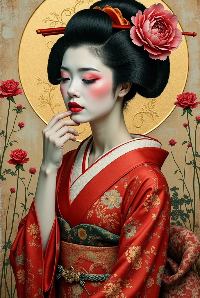 collage painting, many geishas, dramatic, sexy, romanticism, neo-classical, experimentalism, baroque, impressionism, expressionism, unexplained beauty, 