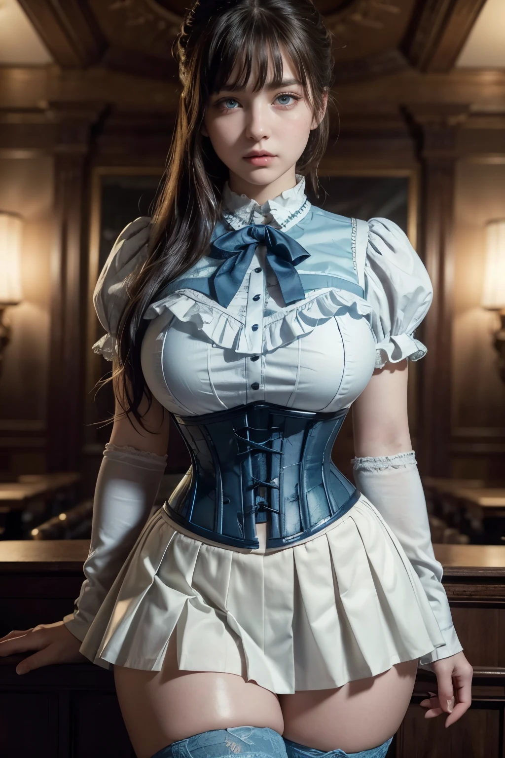 a woman wearing a blue blouse and black jeans, an album cover by Silvia Pelissero, shutterstock, art nouveau, puff sleeves, matte navy - blue bodysuit, fancy top, with shoulder pads, victorian inspired clothing, voluminous sleeves, wearing a blouse, navy, blue corset, 1 0 s, 10s, corsets
