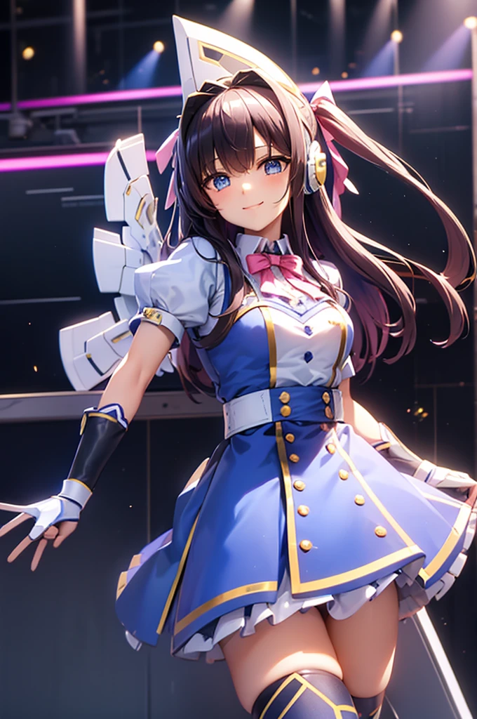 Mecha Wings、White and blue skirt、Golden Line、Pink ribbon、Thighs、tights、chest、Black Hair、Side Tail、1 girl、Solo Girl、is、Frame Arms Girl、Alice Gear Aegis、Blue Armor、income、headphone、hand on own chest、smile、idol woman、idol dress