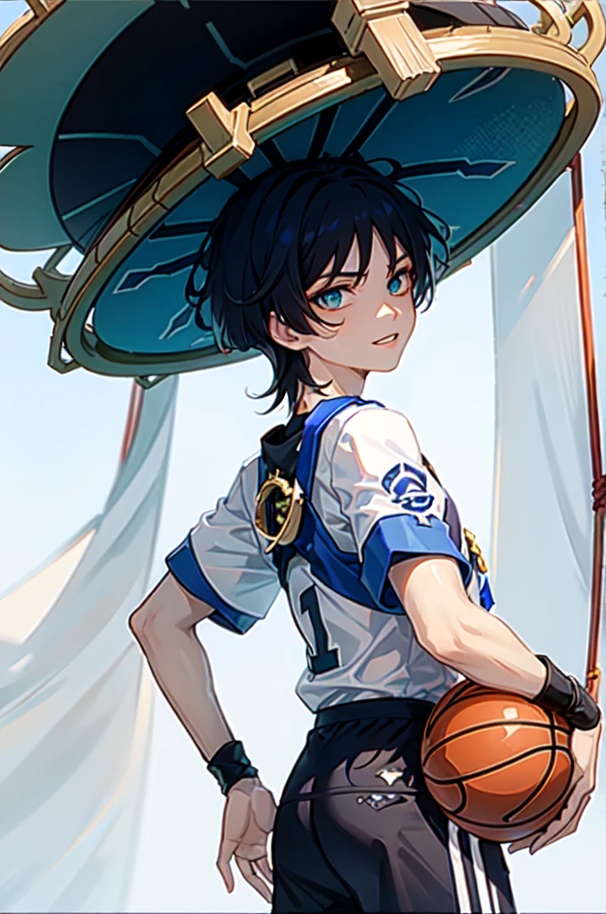 wearing basket_uniform, inside basketball field, back view, side view, basketball, straight-on, dribbling \(basketball\), 1boy, muscular male, blue clothes, number 10, (1boy:1.2),  (straight-on, facing viewer:1.3),, ultra detailed, masterpiece, best quality, aesthetic, detailed,, ultra detailed, masterpiece, best quality, solo, smile, 1boy, green eyes, short hair, black hair, bangs, hair between eyes, messy hair, (goggles on head:1.2),