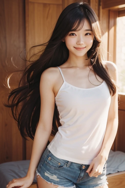 A woman taking a photo, smile, Happy, Long hair that goes up to the buttocks, Straight hair, Detailed skin, Daytime, Hot summer day, Natural light, Detailed face:1.2, Sharp focus, Hasselblad Photos, Tabletop, light makeup, Cinema Lighting, 4K, Highest quality、Beautiful Hair、One woman sexy pose