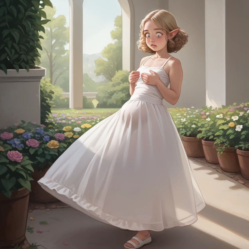 SFW,  Best Quality, High resolution, 1girl in, Full body, Details Girl, detail hands, Detail fingers, Detail Face, detail 1girl in, elf, Looking down, Flower Garden, pale skin, ((very skinny), Blonde hair,, curly Hair, , very short undersized sundress ,very short skirt, (tall torso) () (weight gain:1.5), shocked emotions, transparent dress, sunlight shafts through dress, , perfect lighting, cinematic composition, highly detailed, photorealistic, 8k, best quality, masterpiece, (arms holding breasts), ((close up)