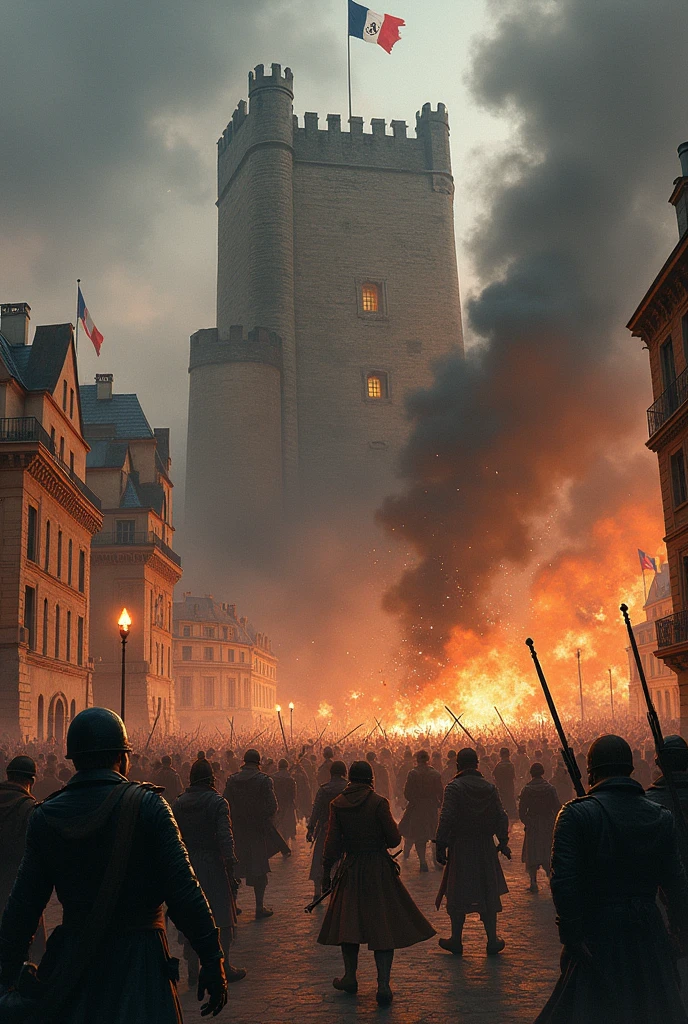 (masterpiece, high resolution, photo-realistic:1.4), storming of the Bastille, furious French citizens, (wielding torches and pitchforks:1.2), confronting royal guards, fortress gate, desperate struggle, firelight and shadows, smoke-filled sky, warm colors, violent emotion, full view, looking at viewer.