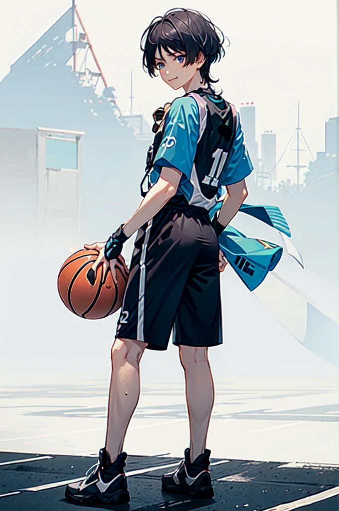 wearing basket_uniform, inside basketball field, back view, side view, basketball, straight-on, dribbling \(basketball\), 1boy, muscular male, blue clothes, number 10, (1boy:1.2),  (straight-on, facing viewer:1.3),, ultra detailed, masterpiece, best quality, aesthetic, detailed,, ultra detailed, masterpiece, best quality, solo, smile, 1boy, green eyes, short hair, black hair, bangs, hair between eyes, messy hair, (goggles on head:1.2),