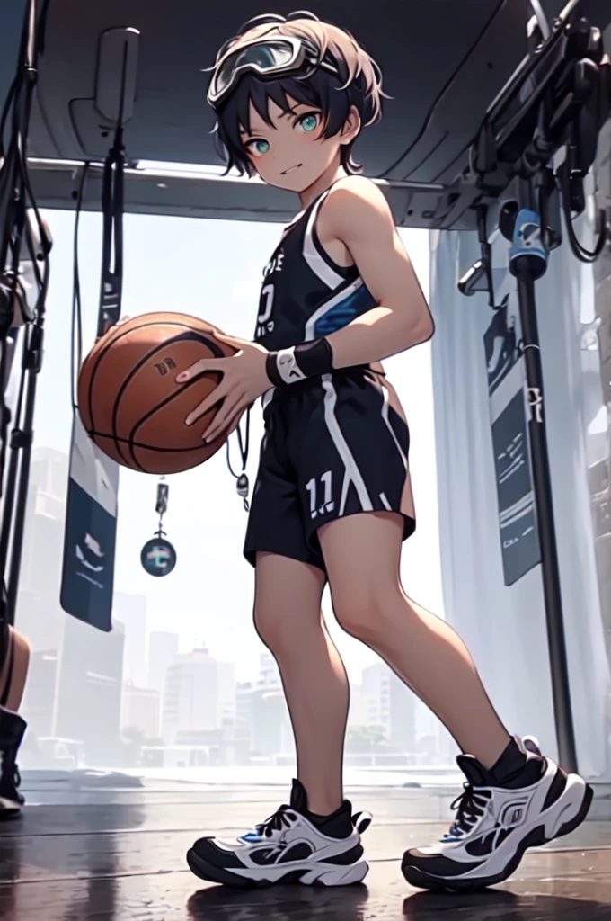 wearing basket_uniform, inside basketball field, back view, side view, basketball, straight-on, dribbling \(basketball\), 1boy, muscular male, blue clothes, number 10, (1boy:1.2),  (straight-on, facing viewer:1.3),, ultra detailed, masterpiece, best quality, aesthetic, detailed,, ultra detailed, masterpiece, best quality, solo, smile, 1boy, green eyes, short hair, black hair, bangs, hair between eyes, messy hair, (goggles on head:1.2),