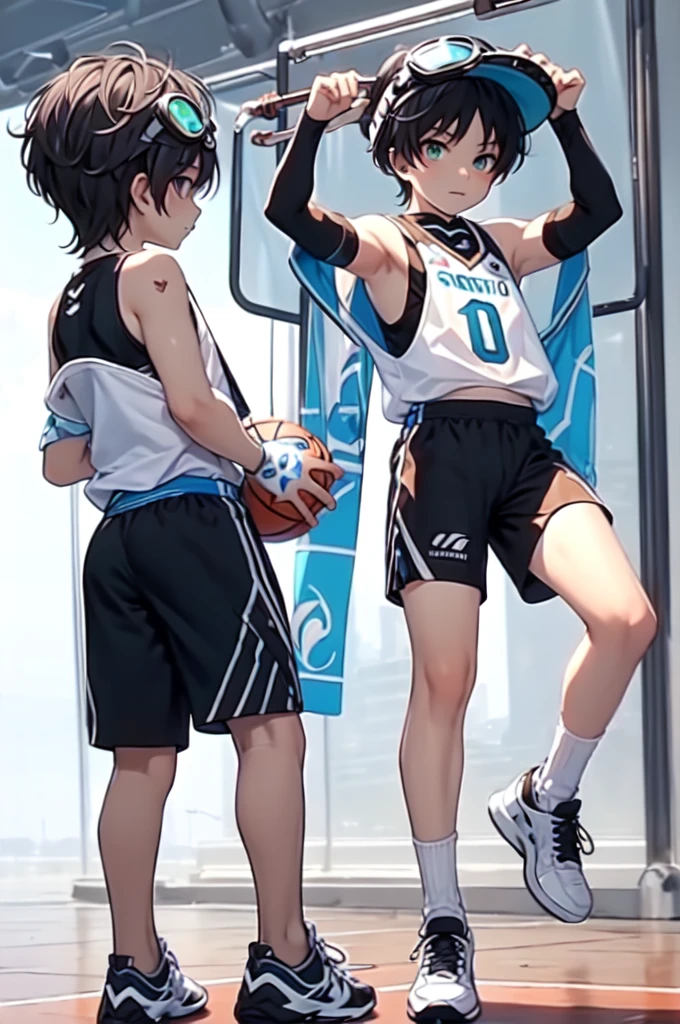 wearing basket_uniform, inside basketball field, back view, side view, basketball, straight-on, dribbling \(basketball\), 1boy, muscular male, blue clothes, number 10, (1boy:1.2),  (straight-on, facing viewer:1.3),, ultra detailed, masterpiece, best quality, aesthetic, detailed,, ultra detailed, masterpiece, best quality, solo, smile, 1boy, green eyes, short hair, black hair, bangs, hair between eyes, messy hair, (goggles on head:1.2),