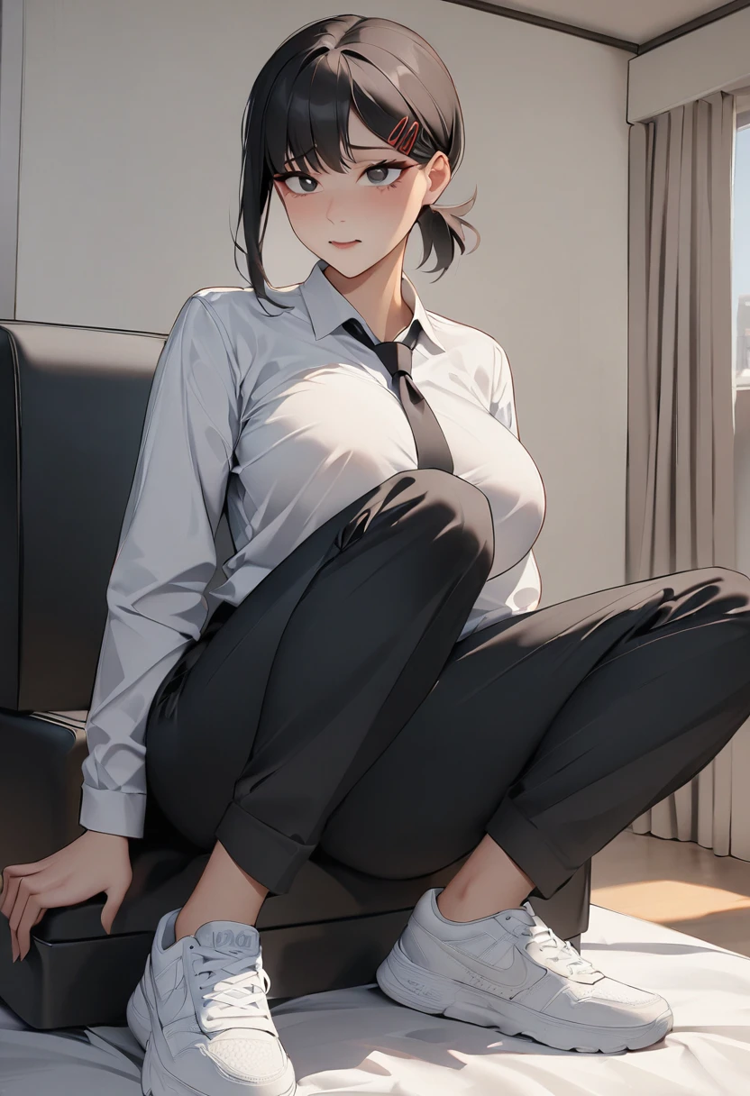 Highest quality、In detail, Chainsaw Man、anime、  dongshan_Kobeni, Hair accessories, Hair Clip, One girl, Alone, Black Hair, Short Ponytail, formal, jacket, White shirt, Black Suit, pants,  slacks, tie, White footwear,  sneakers, Very large breasts、Sit on a chair、Sit on the bed、