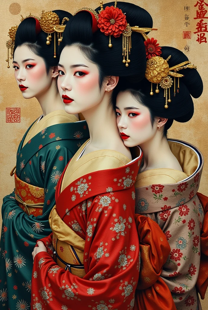 collage painting, many geishas, dramatic, sexy, romanticism, neo-classical, experimentalism, baroque, impressionism, expressionism, unexplained beauty, 