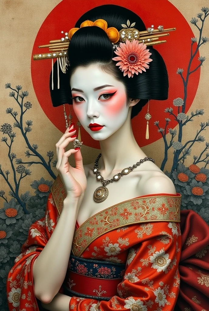 collage painting, many geishas, dramatic, sexy, romanticism, neo-classical, experimentalism, baroque, impressionism, expressionism, unexplained beauty, 