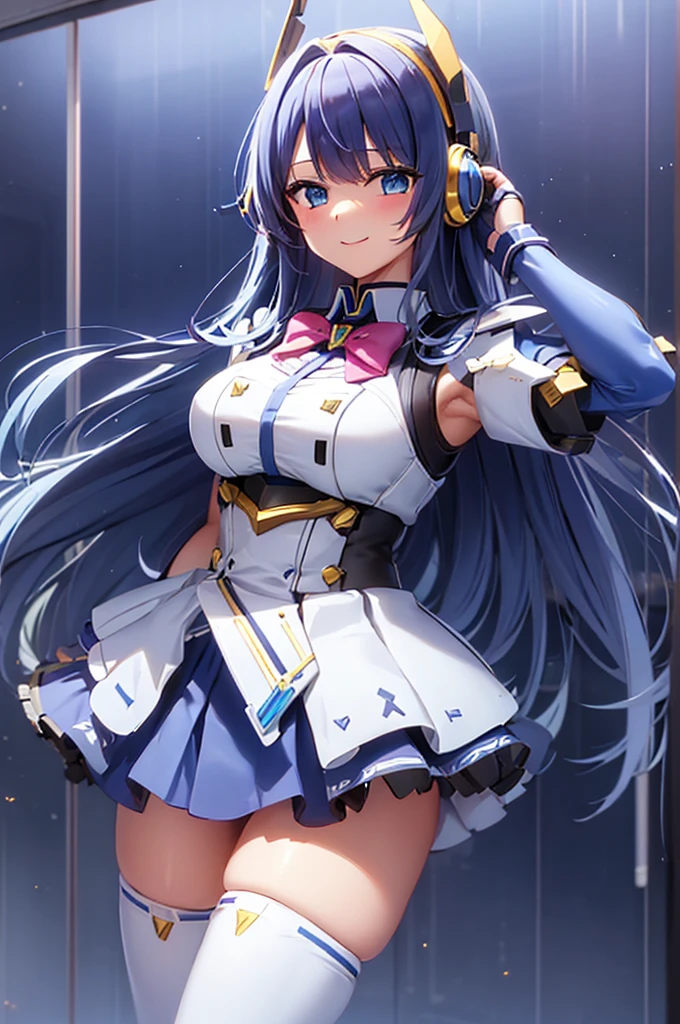 mecha wings、White and blue skirt、Thighs、tights、chest、Twin tails、Blue Hair、1 girl、solo girl、IS、Frame Arms Girl、Alice Gere Aegis、blue armor、income、headphone、hand on own chest、smile、idol woman、idol dress