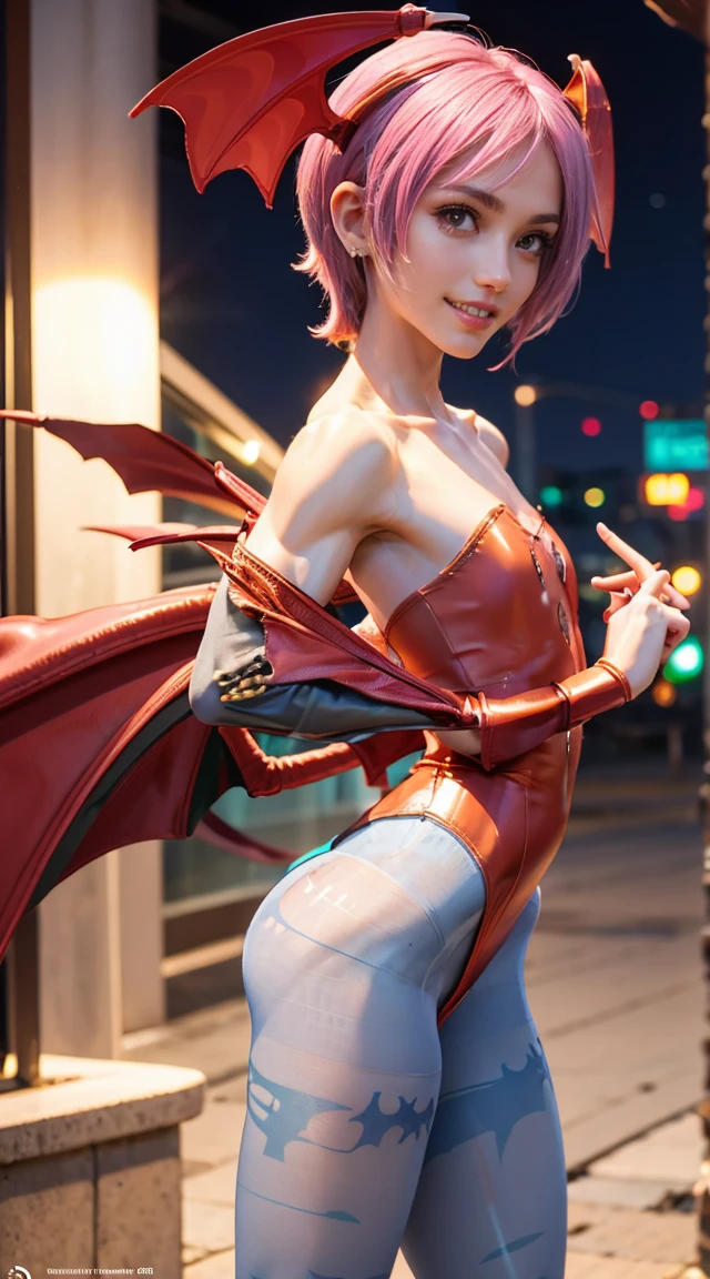 (Muscular:2), (thick thighs:2), 
(lilith aensland darkstalkers, adult:1.5), pink hair, smiling, demon, head wings, 
eyeshadow, earrings,
detailed eyes, (big smile:1.7), detailed skin,
flat chest,
(wings, (leotard), pantyhose:2),
(full body view), (looking at viewer), (three quarter view:1.4),
(highrise apartement at night:1.2), rim lighting, two tone lighting, dimly lit, bokeh