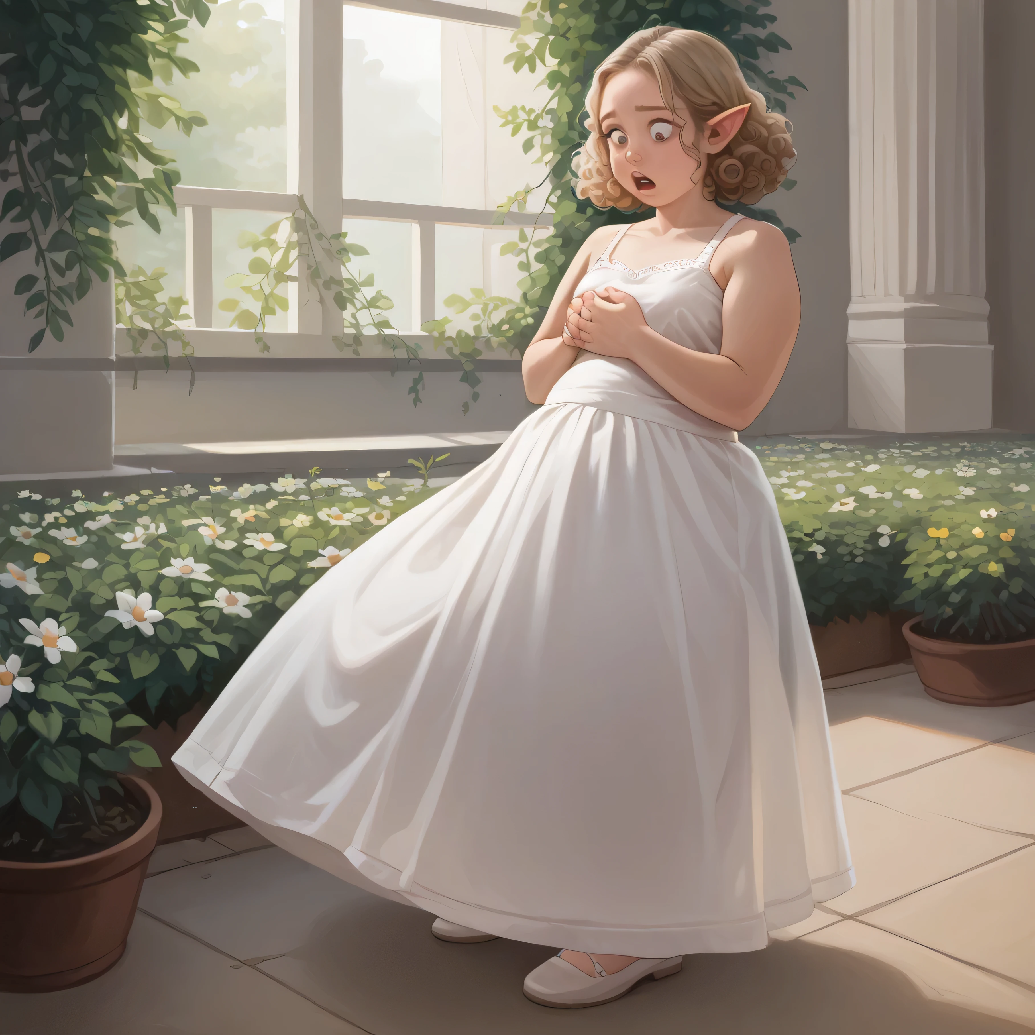 SFW,  Best Quality, High resolution, 1girl in, Full body, Details Girl, detail hands, Detail fingers, Detail Face, detail 1girl in, elf, Looking down, Flower Garden, pale skin, ((very skinny), Blonde hair,, curly Hair, , very short undersized sundress ,very short skirt, (tall torso) () (weight gain:1.5), shocked emotions, transparent dress, sunlight shafts through dress, , perfect lighting, cinematic composition, highly detailed, photorealistic, 8k, best quality, masterpiece, (arms holding breasts), ((close up)