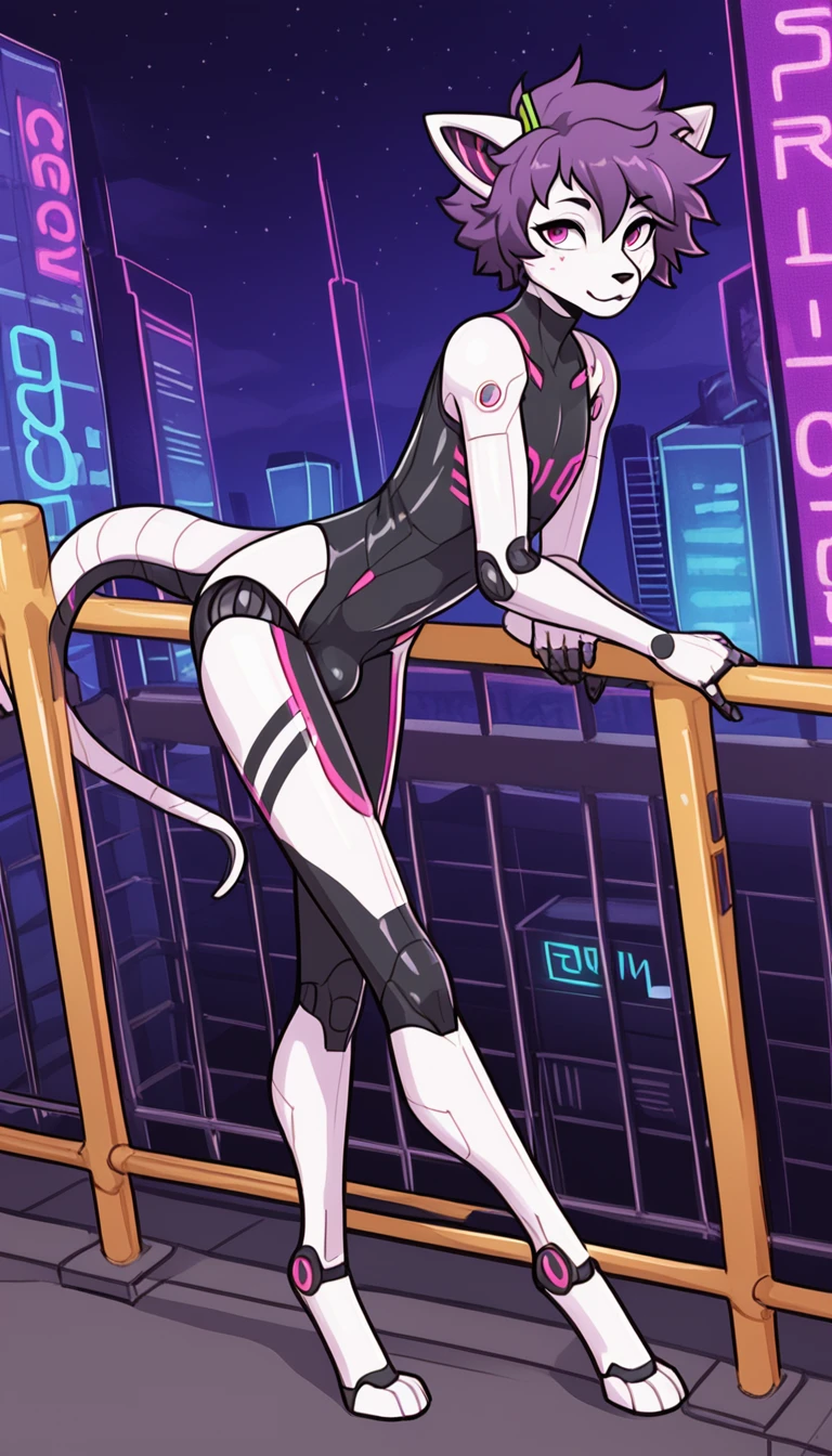 1boy, femboy, fit body, (19 years), anthro, digitigrade legs, thighs, Beecat, white body, short hair, messy hair, (wearing a tron like suit, armor, purple neon) , anime, leaning forward against a railing, crossed legs, cyber aesthetic, cyber futuristic city background, night time, ((bulge)), dynamic angle，robot