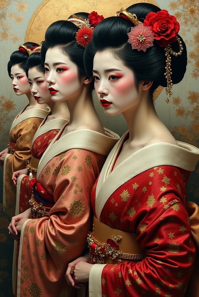 collage painting, many geishas, dramatic, sexy, romanticism, neo-classical, experimentalism, baroque, impressionism, expressionism, unexplained beauty, avant garde, art deco, art nouveau, 