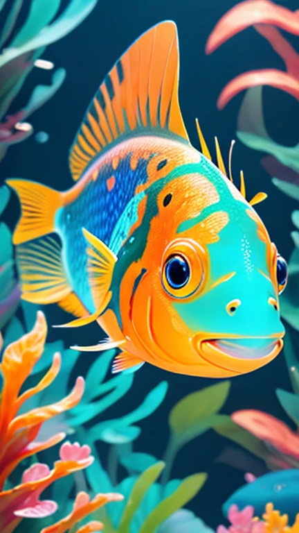 A very bright and colorfu cute mechal Mandarin Fish  swimming in water; large eyes, neon blue, orange and yellow colors, translucent fins with luminous colors; BREAK, with the blue logo in the background:  "SeaArt" 