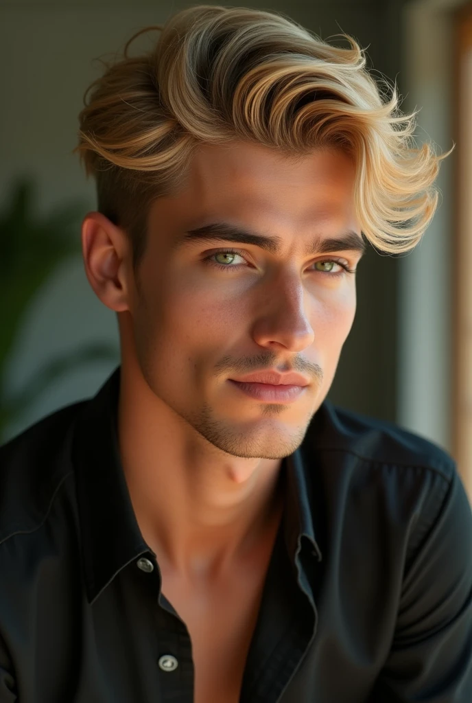 Homem branco jovem forte, com cabelos muito curtos e loiro muito claro dourado de etnia europeia. Ele deve estar em seu apartamento, de costas pra foto e sem camisa.