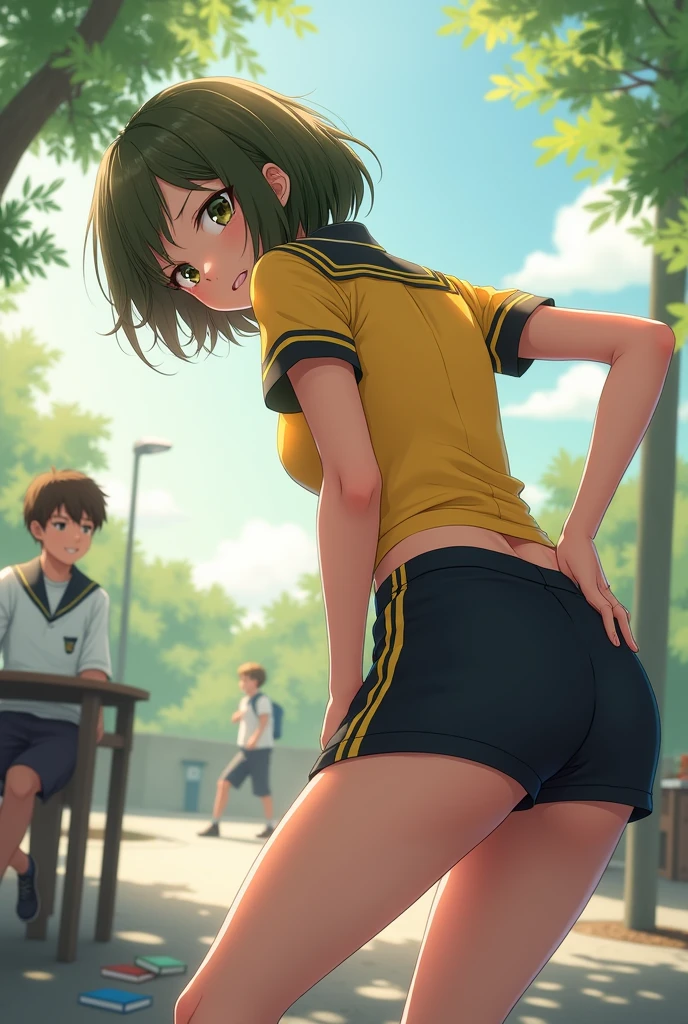 It generates an image of a girl with short hair that reaches her shoulders and a yellow shirt with black stripes on the short sleeves of the uniform with black physical education shorts and she bends down and looks at herself from behind very sexy seen from behind with her black shorts made of synthetic material with yellow stripes on the sides, a big ass seen from behind picking up a book looking down with her head forward and a boy looks at her sexily from behind watching her picking up her books and the boy squeezes her buttock and the girl gets excited and looks at him blushing and puts her butt on his crotch sexily while she smiles mischievously while grabbing her crotch and a boy blushes a lot when he sees her in the yard from behind and spanks her
